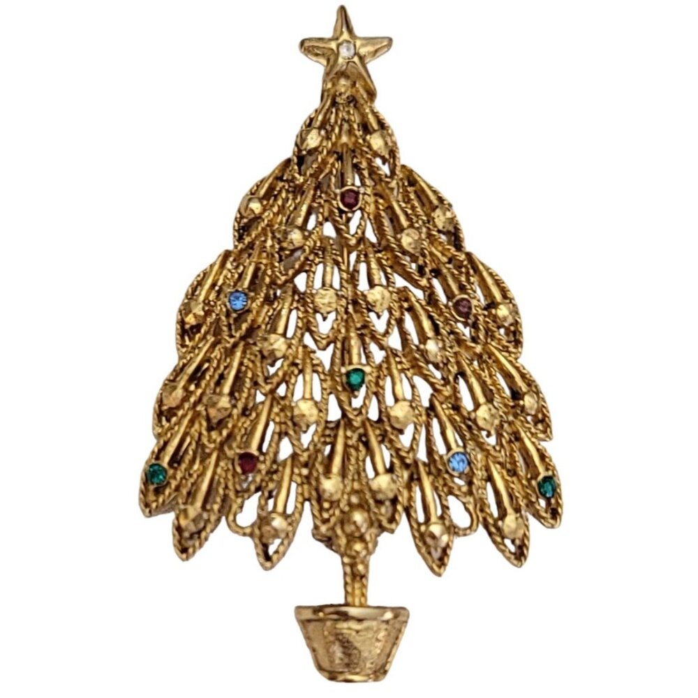 LIA Gold Tone Multi Color Rhinestone Christmas Tree Brooch, Signed K402